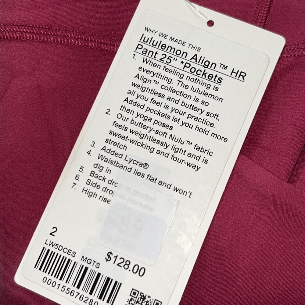 NWT Lululemon Align High-Rise Pant with Pockets 25"
Magenta Smoke size 2 - Picture 2 of 12